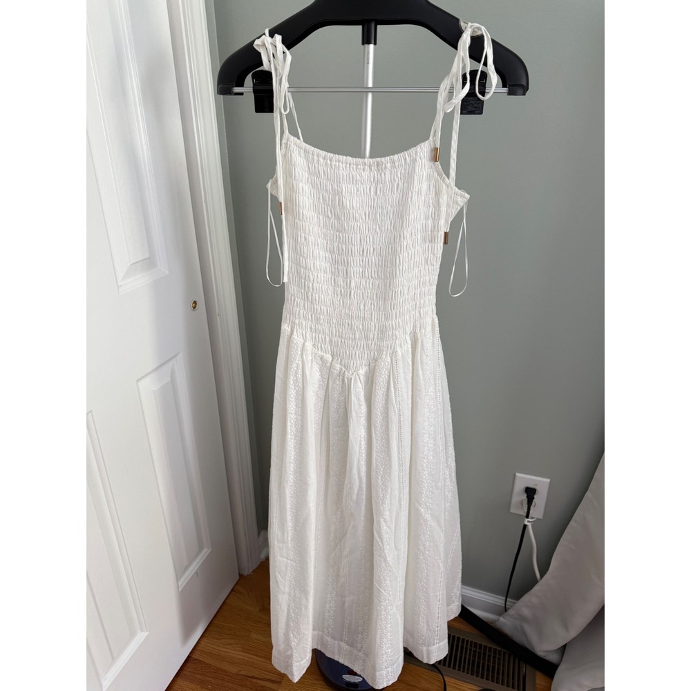 We're All Pretty Girls White Cotton Smocked Midi Dress Tie Strap Cottagecore M